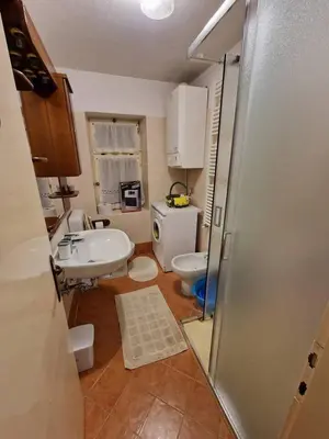 a small bathroom with a sink and a toilet at Appartamento Lorena in Rocca Pietore
