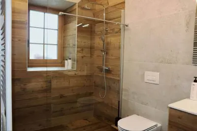 a bathroom with a glass shower with a toilet at Ciesa Le Crepedele - Miniappartamento Zirum in Sottoguda