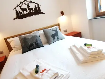 a bedroom with a bed with a white bedspread at Villa Re Laurino Suite Respiro del bosco in Moena