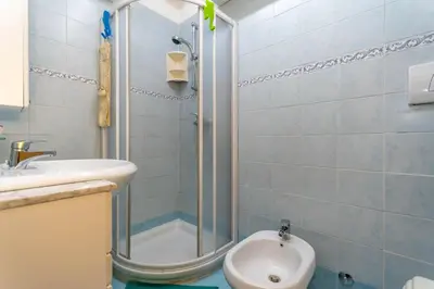 a bathroom with a shower and a toilet and a sink at Appartamento Cordevole PT in Caprile
