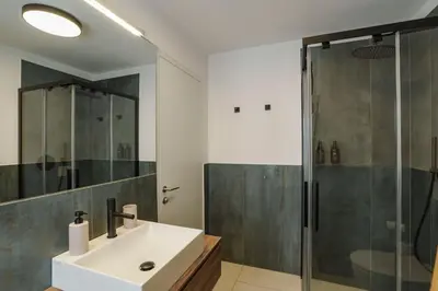 a bathroom with a sink and a shower at Mountain View Suites in Tesimo