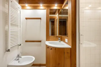 a bathroom with two sinks and a mirror at Apartment Capriol by My Villa Collection in Cortina dʼAmpezzo