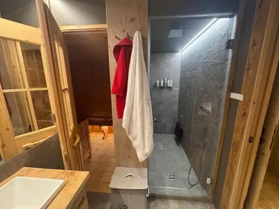 a bathroom with a shower and a sink at Ca Dei Nani - Exclusive stay with sauna in Cortina dʼAmpezzo