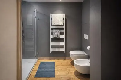 a bathroom with a shower and a toilet and a sink at Ca Dei Nani - Exclusive stay with sauna in Cortina dʼAmpezzo