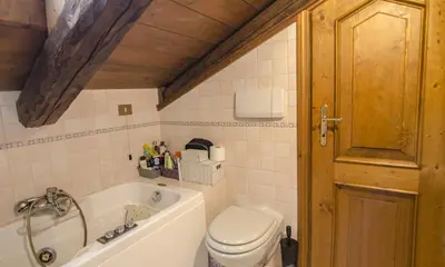 a bathroom with a toilet and a bath tub at Un angolo di comfort nel pieno centro di Cortina in Cortina dʼAmpezzo
