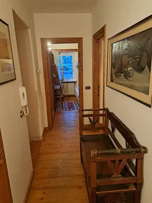 a hallway of a home with wooden floors and a painting at Luminoso e ampio appartamento con vista sulle Dolomiti e Tofane in Cortina dʼAmpezzo