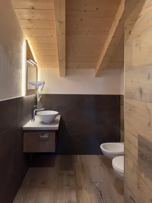 a bathroom with two toilets and a sink and a toilet istg at Appartamento LITEGOSA 2 in Panchia