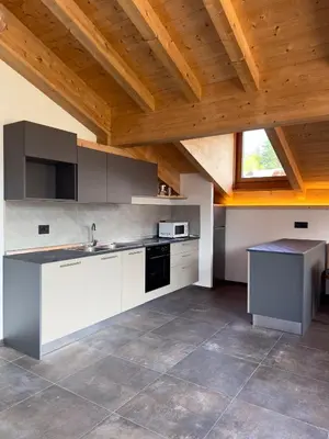 a kitchen with white cabinets and a wooden ceiling at Appartamento LITEGOSA 2 in Panchia