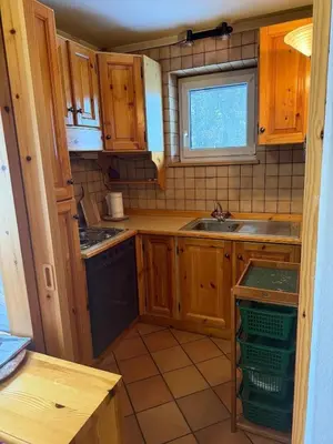 a small kitchen with wooden cabinets and a sink at Casa di Lilly in Moena