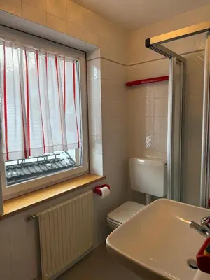 a bathroom with a sink and a toilet and a window at Casa di Lilly in Moena