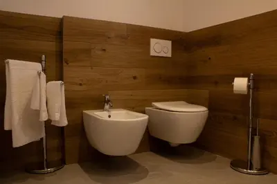 a bathroom with a toilet and a sink at Villa Moroseta in Tesero