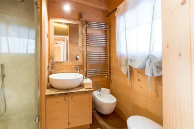 a bathroom with a sink and a toilet and a mirror at Awakening in the Dolomites between Pelmo and Antelao in Borca di Cadore