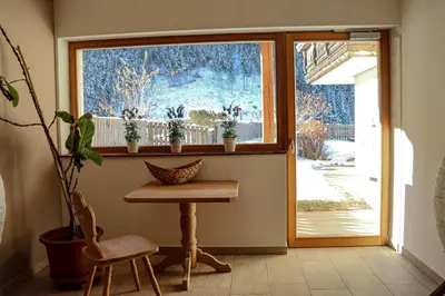 a window with potted plants and a table in a room at Ferienwohnung Matzhof in Nova Levante