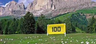 a yellow sign in the middle of a field at Ferienwohnung Matzhof in Nova Levante