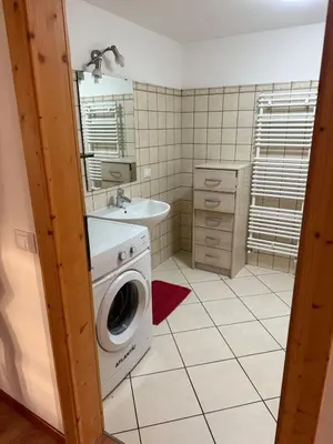 a bathroom with a washing machine and a sink at Appartamento Centro del Fondo Lago di Tesero in Tesero