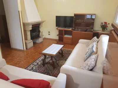 a living room with a white couch and a fireplace at Appartamento Rosa in Predazzo