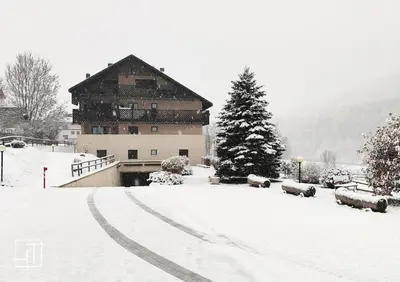 a snow covered yard with a house and a tree at HT - Mansarda panoramica nel cuore di San Vito in San Vito di Cadore
