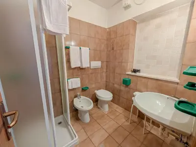 a bathroom with a sink and a shower at Hotel Patri in Sottoguda