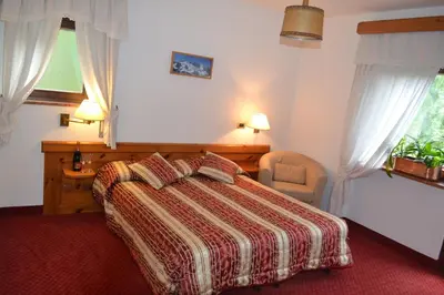 a bedroom with a bed and a chair and a window at Hotel Bosco Verde in Mareson