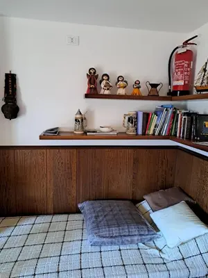 a bed in a room with a shelf with books at Appartamento 8 Palazzina Maria in Ziano di Fiemme