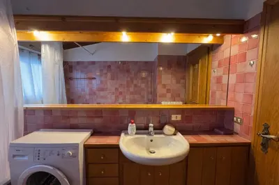 a bathroom with a sink and a washing machine at Val di sopra - Panoramic attic in Cortina dʼAmpezzo