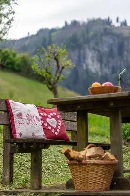 a picnic table with a red and white pillow and a basket at Dolomiapartments - Bosco Fontana 1 in Predazzo