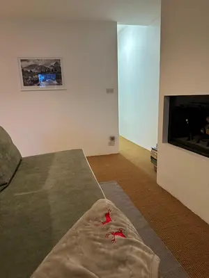 a living room with a bed and a flat screen tv at Ca Costanza in Cortina dʼAmpezzo