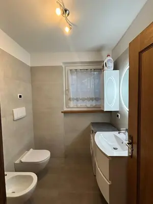 a bathroom with a toilet and a sink and a window at Primule 2 Cavareno in Cavareno