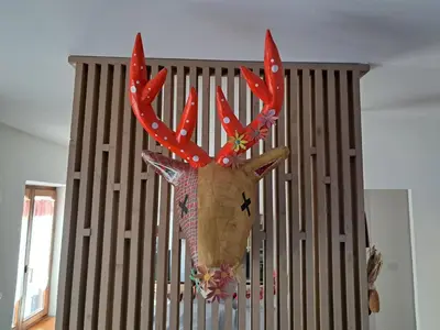 a large moose head hanging on a wall at La Casetta del Cervo a Fiori in Predazzo