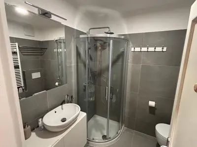 a bathroom with a shower and a sink and a toilet at Il Nido in Carano