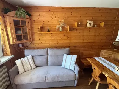 a couch in a room with a wooden wall at Il Nido in Carano