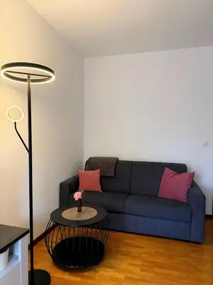 a living room with a blue couch and pink pillows at Dolomites Home Bolzano in Bolzano
