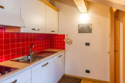 a kitchen with a sink and red tiles at Holiday Apartments Val Moena 2 in Cavalese