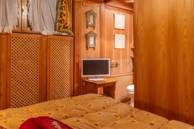 a bedroom with a bed and a tv and a toilet at Alpine Living Cortina in Cortina dʼAmpezzo