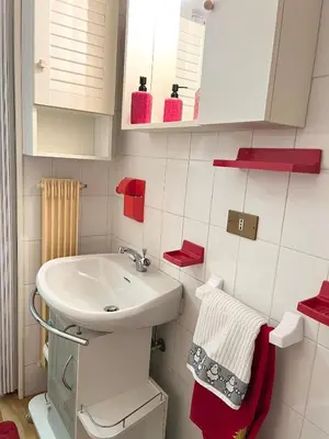 a white bathroom with a sink and red towels at Cambra AGB in Campestrin