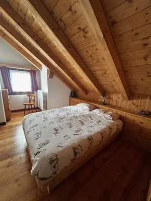 a bed in a room with a wooden ceiling at Ca' Pelmo in San Vito di Cadore