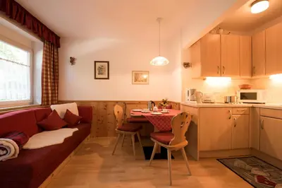 a living room with a couch and a table at Residence Sisi in Ortisei