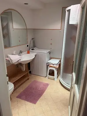 a bathroom with a sink and a shower and a toilet at Ciasa Luciana in Moena