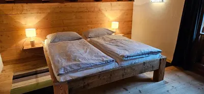 a bedroom with two beds and two lamps on a wooden wall at Molin in Vigo di Fassa