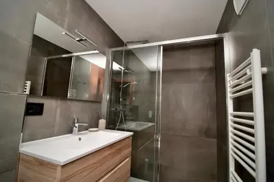 a bathroom with a sink and a shower at Mazzantini appartamento vacanza San Martino di Castrozza in San Martino di Castrozza