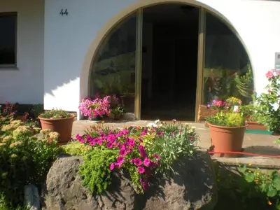 a group of potted flowers in front of a house at Apartment mit privatem Balkon by Interhome in Ortisei