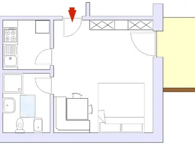 a floor plan of a house with a red arrow at Apartment mit privatem Balkon by Interhome in Ortisei