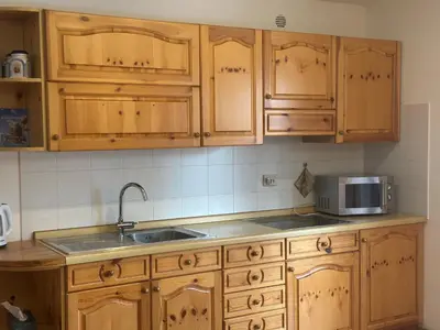 a kitchen with wooden cabinets and a sink and a microwave at Il Gufo Bianco in Carano