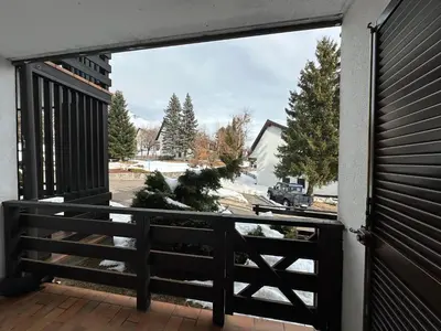 an open door to a balcony with christmas trees at Il Gufo Bianco in Carano