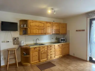a kitchen with wooden cabinets and a sink at Il Gufo Bianco in Carano