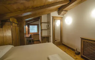 a bedroom with a bed in a room with wooden ceilings at Appartamento panoramico vicino centro in Cortina dʼAmpezzo