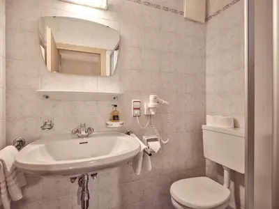 a bathroom with a sink and a toilet and a mirror at Fermeda in Villnoss
