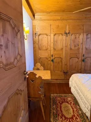 a bedroom with a bed and a wooden wall at Ca dell'Alba in Cortina dʼAmpezzo