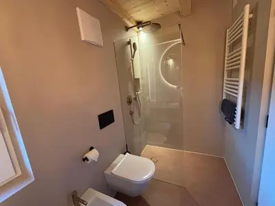 a small bathroom with a toilet and a shower at Praterhof Chalet in Südtirol - Natur, Ruhe & Bergblick in Bressanone