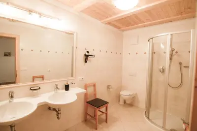 a bathroom with a sink and a shower and a toilet at Berggasthof Messnerhof in Barbiano